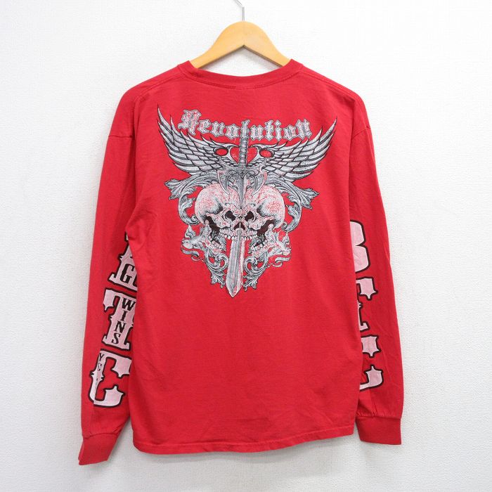 XL★古着 長袖 ビンテージ Tシャツ メンズ 00年代 00s BTC スカル 剣 コットン クルーネック 赤 レッド 25aug06 中古
