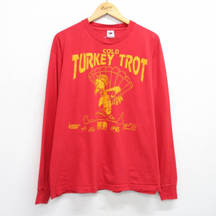XL★古着 フルーツオブザルーム 長袖 ビンテージ Tシャツ メンズ 90年代 90s 鳥 企業広告 大きいサイズ コットン クルーネック USA製 赤 レッド 25aug06 中古