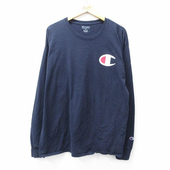 XL★古着 チャンピオン champion 長袖 Tシャツ メンズ ワンポイントロゴ 大きいサイズ コットン クルーネック 濃紺 ネイビー 25aug06 中古