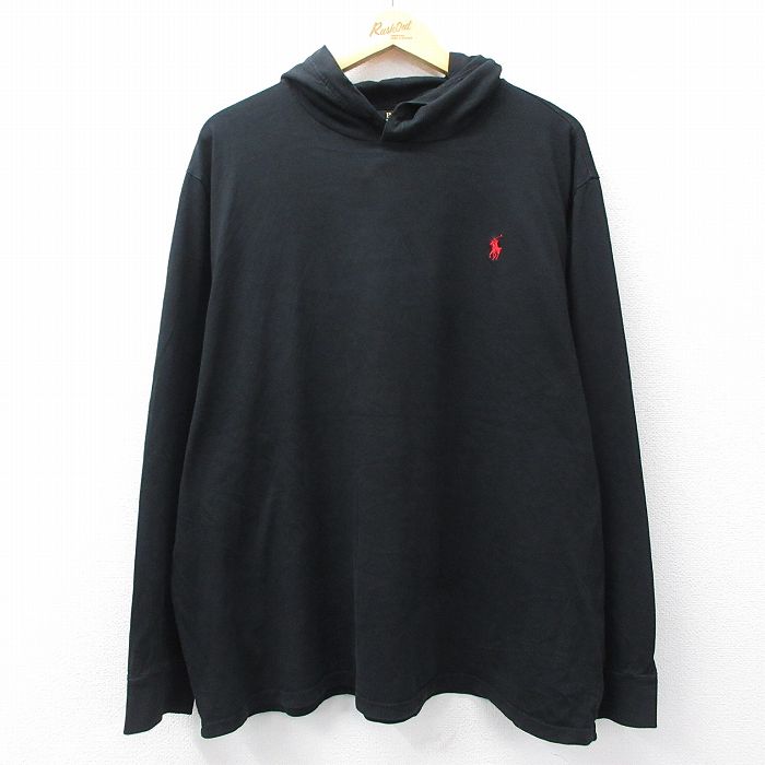 XL★古着 ラルフローレン Ralph Lauren 長袖 ブランド Tシャツ パーカー メンズ ワンポイントロゴ 大きいサイズ コットン 黒 ブラック 25aug06 中古