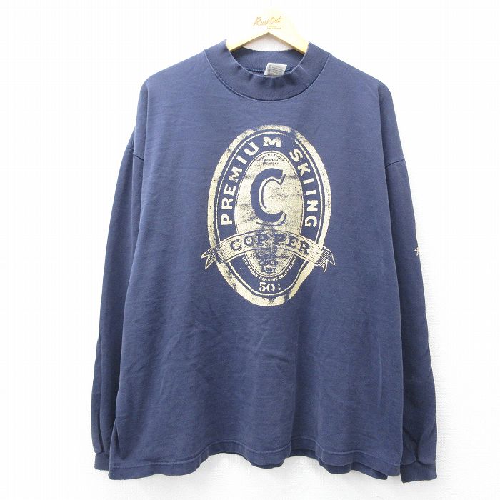 【50%OFF】XL★古着 長袖 ビンテージ Tシャツ メンズ 90年代 90s PREMIUM SKIING COPPER 大きいサイズ コットン クルーネック USA製 紺 ネイビー 25aug06 中古