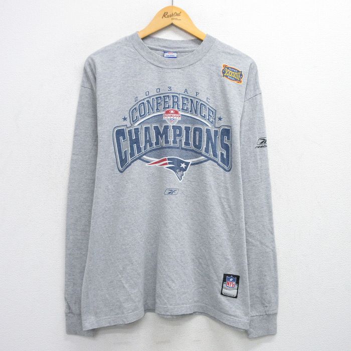 【50%OFF】XL★古着 リーボック REEBOK 長袖 ビンテージ Tシャツ メンズ 00年代 00s NFL ニューイングランドペイトリオッツ 大きいサイズ クルーネック グレー 霜降り アメフト スーパーボウル 25aug06 中古