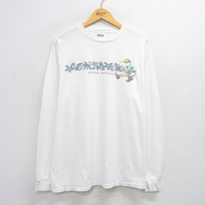 XL★古着 TULTEX 長袖 ビンテージ Tシャツ メンズ 90年代 90s トカゲ コットン クルーネック 白 ホワイト 25aug06 中古