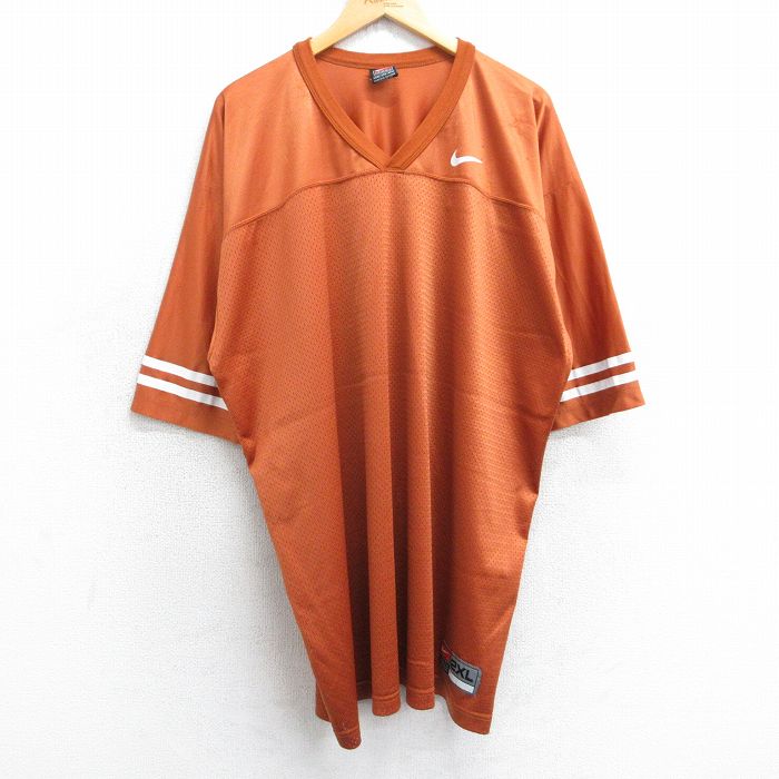 XL★古着 ナイキ NIKE 半袖 ビンテージ フットボール Tシャツ メンズ 00年代 00s ワンポイントロゴ メッシュ地 大きいサイズ ロング丈 Vネック オレンジ系 ユニフォーム ゲームシャツ 25aug06 中古