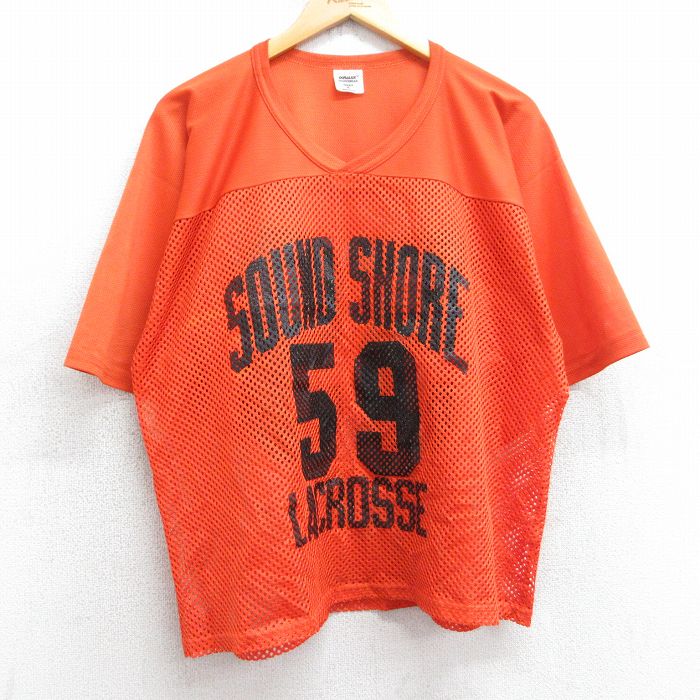 XL★古着 半袖 ビンテージ フットボール Tシャツ メンズ 90年代 90s SOUND SHORE ラクロス 59 メッシュ地 Vネック USA製 オレンジ ユニフォーム ゲームシャツ 25aug06 中古