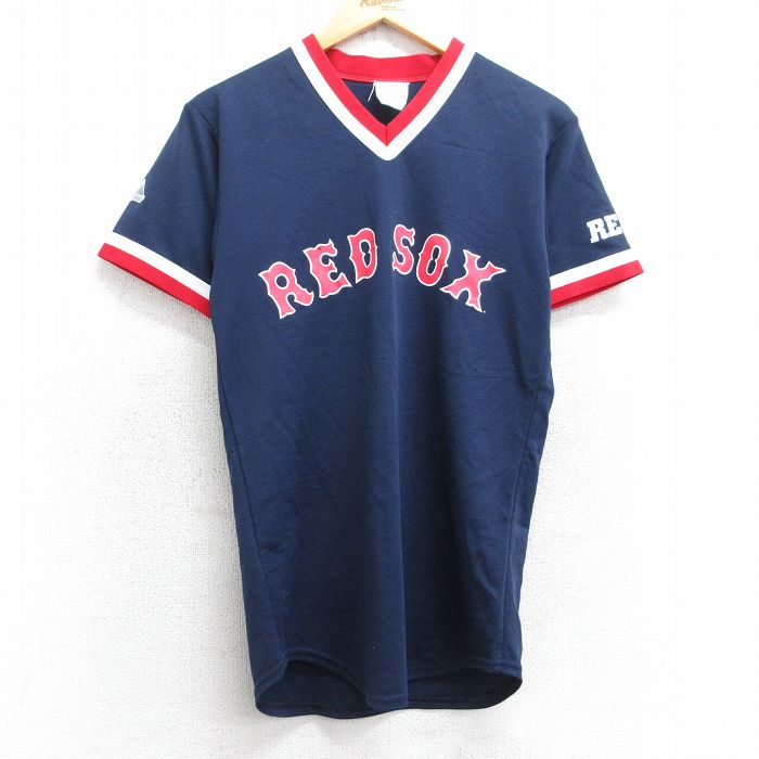 【50%OFF】S★古着 マジェスティック 半袖 ビンテージ Tシャツ メンズ 80年代 80s MLB ボストンレッドソックス MIRROR PLATE&POLISHING 1 Vネック USA製 濃紺 ネイビー メジャーリーグ ベースボール 野球 25aug06 中古