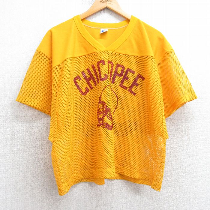 【20%OFF】XL★古着 ラッセル 半袖 ビンテージ フットボール Tシャツ メンズ 80年代 80s チコピー 35 メッシュ地 ショート丈 Vネック USA製 黄 イエロー ユニフォーム ゲームシャツ 25aug06 中古