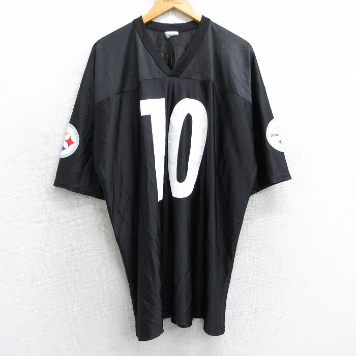 XL★古着 半袖 フットボール Tシャツ メンズ NFL ピッツバーグスティーラーズ サントニオホームズ 10 大きいサイズ ロング丈 Vネック 黒 ブラック ユニフォーム ゲームシャツ アメフト スーパーボウル 25aug06 中古