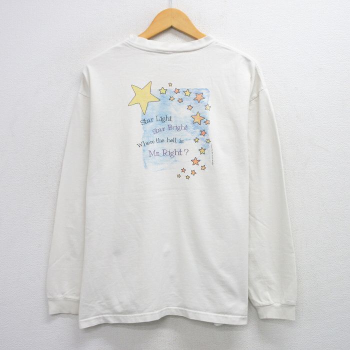 【50%OFF】XL★古着 長袖 Tシャツ メンズ Star 星 クルーネック 白 ホワイト 25aug07 中古