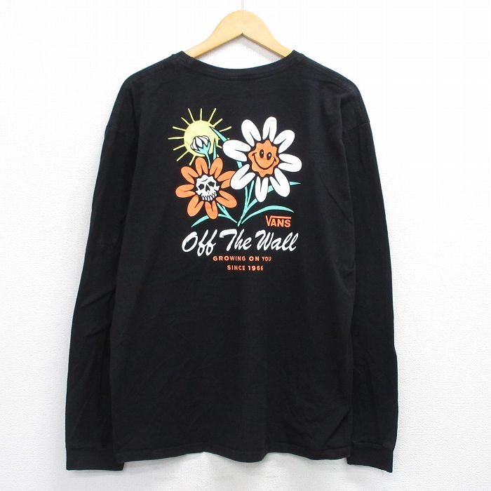 XL★古着 バンズ 長袖 Tシャツ メンズ 花 コットン クルーネック 黒 ブラック 25aug07 中古