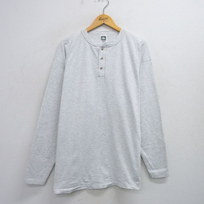 XL★古着 長袖 ビンテージ Tシャツ メンズ 90年代 90s 無地 大きいサイズ ヘンリーネック USA製 薄グレー 霜降り 【spe】 25aug07 中古