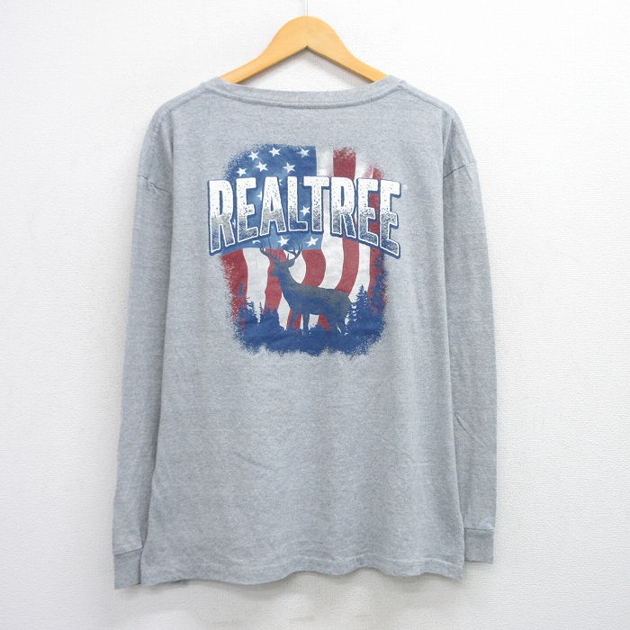 XL★古着 長袖 Tシャツ メンズ REALTREE シカ 星条旗 大きいサイズ クルーネック グレー 霜降り 25aug07 中古