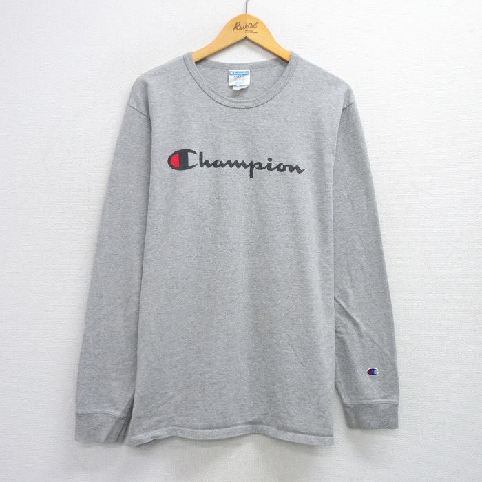 【50%OFF】XL★古着 チャンピオン champion 長袖 Tシャツ メンズ ビッグロゴ クルーネック グレー 霜降り 25aug07 中古