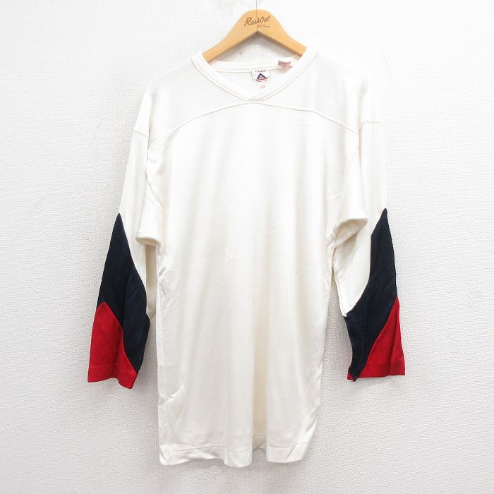 M★古着 長袖 ビンテージ フットボール Tシャツ メンズ 80年代 80s 無地 Vネック 白 ホワイト 25aug09 中古