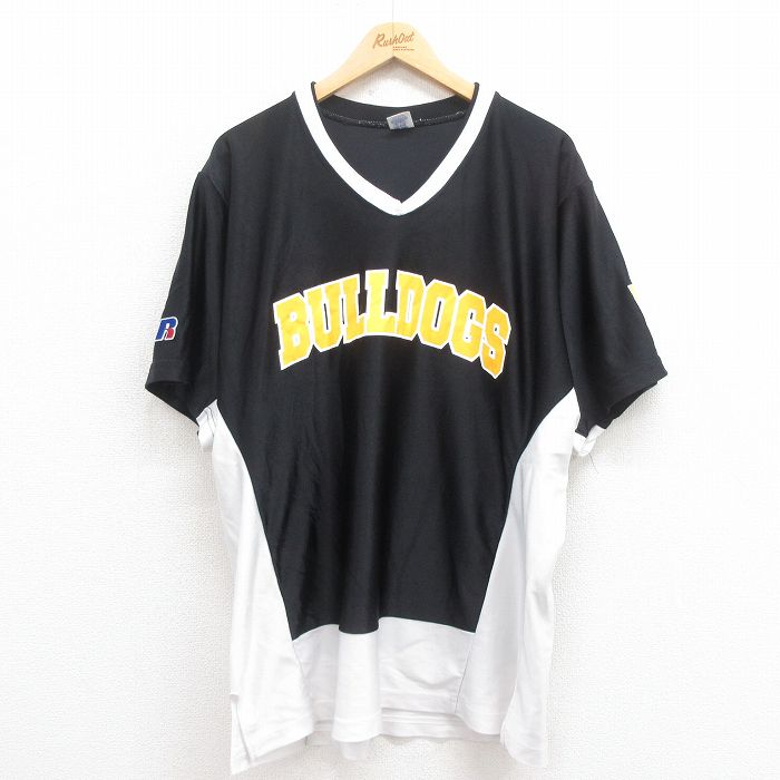 XL★古着 ラッセル 半袖 ビンテージ Tシャツ メンズ 00年代 00s ブルドッグス 大きいサイズ ツートンカラー Vネック 黒 ブラック ユニフォーム ゲームシャツ 25aug09 中古