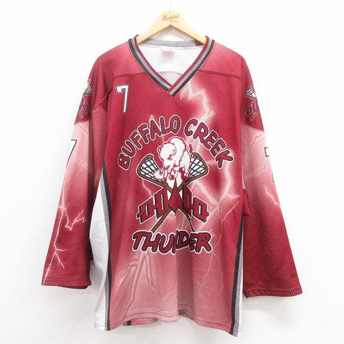 XL★古着 長袖 ビンテージ Tシャツ アイスホッケー ジャージ メンズ 00年代 00s バッファロー 大きいサイズ ロング丈 メッシュ地 Vネック カナダ製 エンジ ユニフォーム ゲームシャツ 25aug09 中古