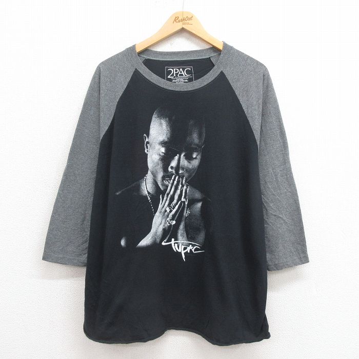 XL★古着 7分袖 ヒップホップ ラップ Tシャツ メンズ トゥパック 2パック 2PAC 大きいサイズ ツートンカラー クルーネック 黒 ブラック 25aug09 中古 7分丈 七分丈 七分袖