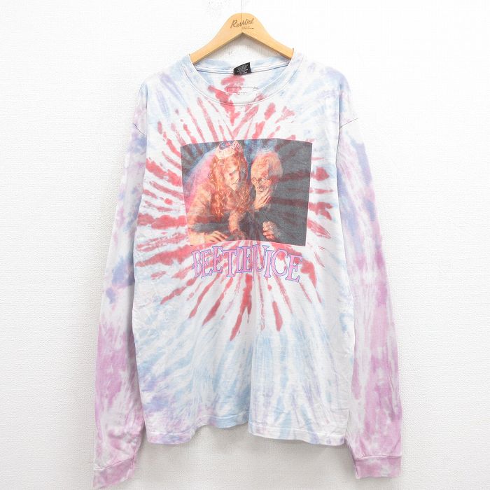 【50%OFF】XL★古着 長袖 Tシャツ メンズ 映画 ビートルジュース 大きいサイズ コットン クルーネック 薄紺他 ネイビー タイダイ 【spe】 25aug09 中古