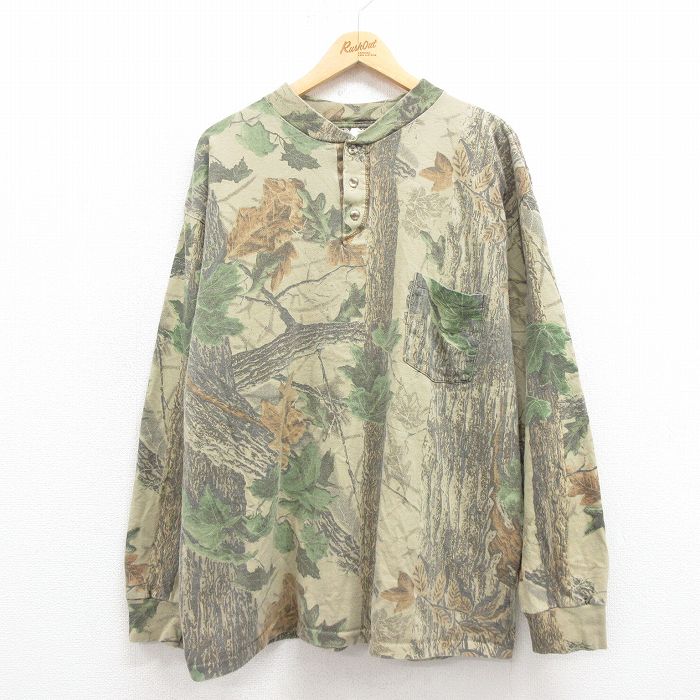 XL★古着 レッドヘッド 長袖 ビンテージ Tシャツ メンズ 90年代 90s リアルツリー 胸ポケット付き 大きいサイズ コットン ヘンリーネック ベージュ カーキ 迷彩 25aug09 中古