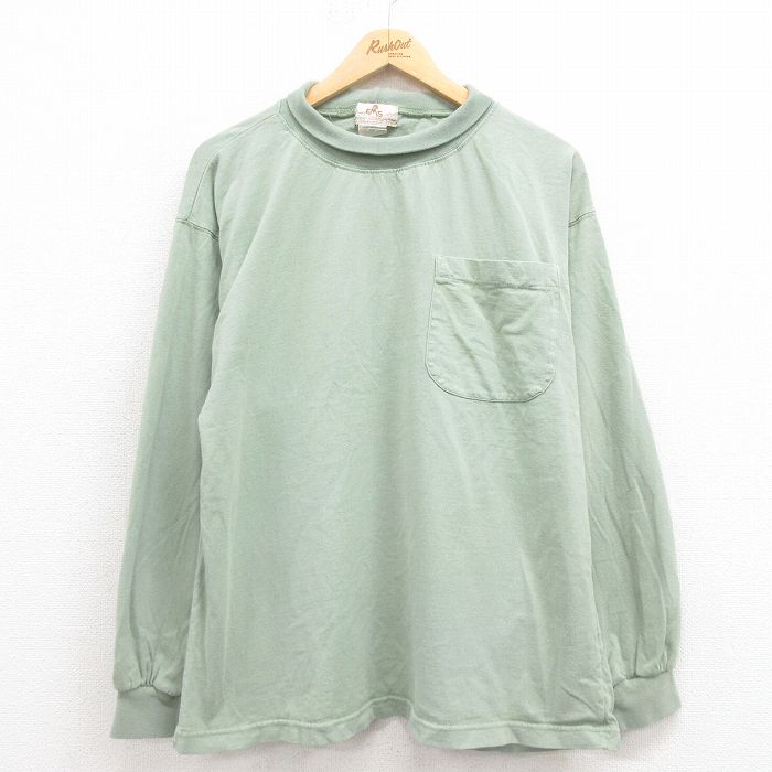 【50%OFF】XL★古着 EMS 長袖 ビンテージ Tシャツ メンズ 90年代 90s 無地 胸ポケット付き ハイネック モックネック USA製 緑 グリーン 【spe】 25aug09 中古