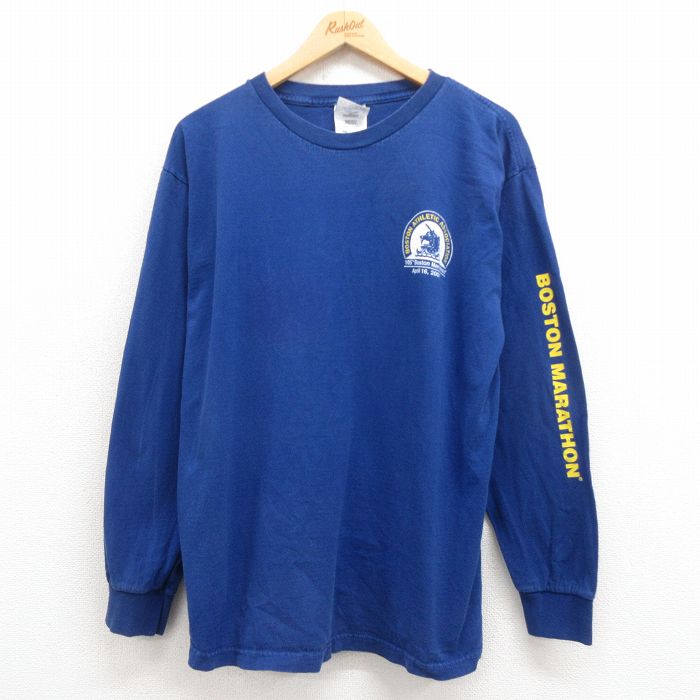 【50%OFF】XL★古着 アディダス adidas 長袖 ビンテージ Tシャツ メンズ 00年代 00s ボストンマラソン コットン クルーネック USA製 青 ブルー 25aug09 中古
