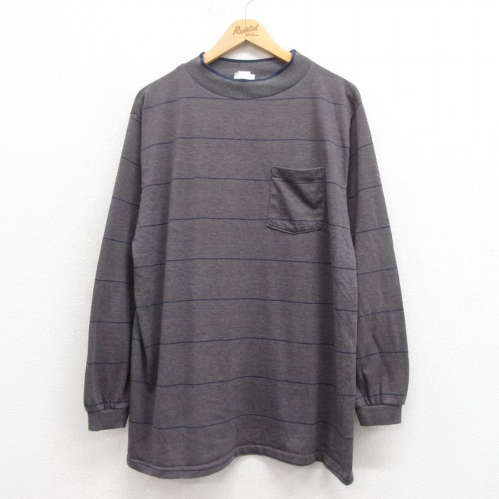 XL★古着 長袖 ビンテージ Tシャツ メンズ 90年代 90s 胸ポケット付き USA製 グレー ボーダー 25aug09 中古