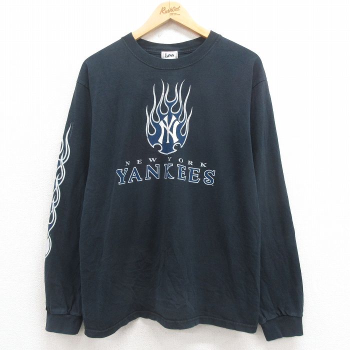 L★古着 リー Lee 長袖 ビンテージ Tシャツ メンズ 00年代 00s MLB ニューヨークヤンキース コットン クルーネック 黒 ブラック メジャーリーグ ベースボール 野球 25aug09 中古