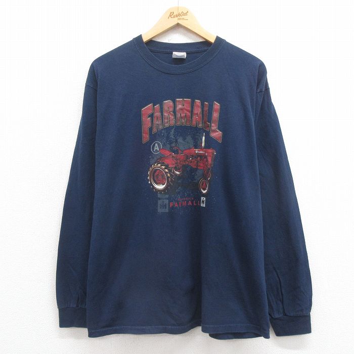 【50%OFF】L★古着 長袖 ビンテージ Tシャツ メンズ 00年代 00s トラクター コットン クルーネック 紺 ネイビー 25aug09 中古