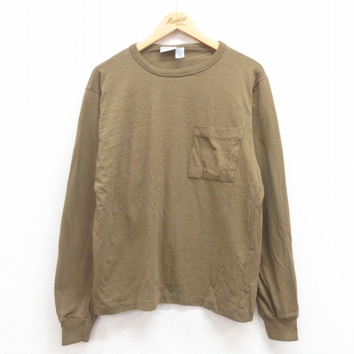 L★古着 長袖 ビンテージ Tシャツ メンズ 90年代 90s 無地 胸ポケット付き コットン クルーネック 緑 グリーン 25aug09 中古