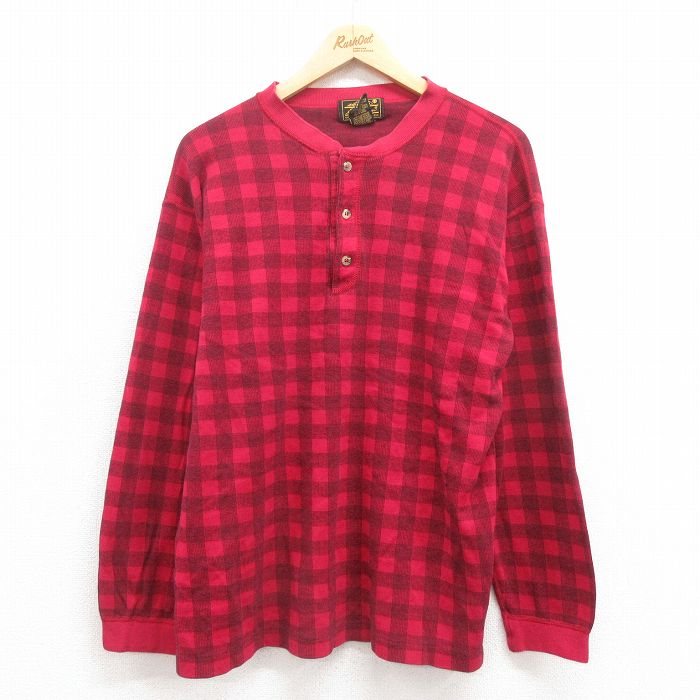 【50%OFF】L★古着 エディーバウアー 長袖 ビンテージ Tシャツ メンズ 90年代 90s ヘンリーネック USA製 赤 レッド チェック 【spe】 25aug09 中古