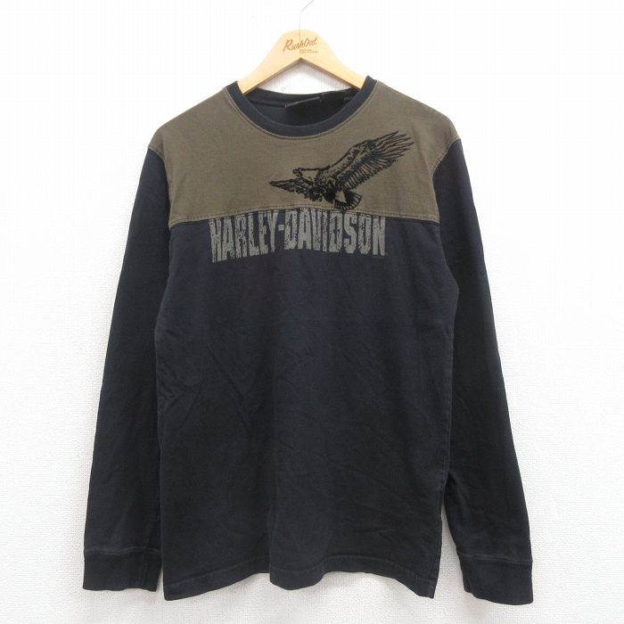 L★古着 ハーレーダビッドソン Harley Davidson 長袖 ビンテージ Tシャツ メンズ 00年代 00s 鳥 フロッキープリント コットン クルーネック USA製 黒 ブラック 【spe】 25aug12 中古