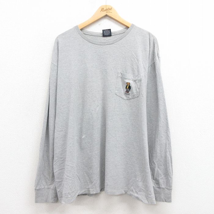 XL★古着 ラルフローレン Ralph Lauren 長袖 ブランド Tシャツ メンズ ポロベア 胸ポケット付き 大きいサイズ コットン クルーネック グレー 霜降り 25aug12 中古