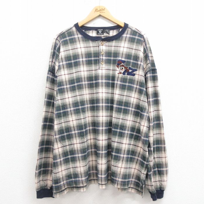 XL★古着 長袖 ビンテージ Tシャツ メンズ 90年代 90s ルーニーテューンズ LOONEY TUNES タズ 大きいサイズ ヘンリーネック 緑 グリーン チェック 25aug12 中古