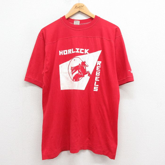 L★古着 半袖 ビンテージ フットボール Tシャツ メンズ 80年代 80s 騎士 コットン クルーネック USA製 赤 レッド 25aug12 中古