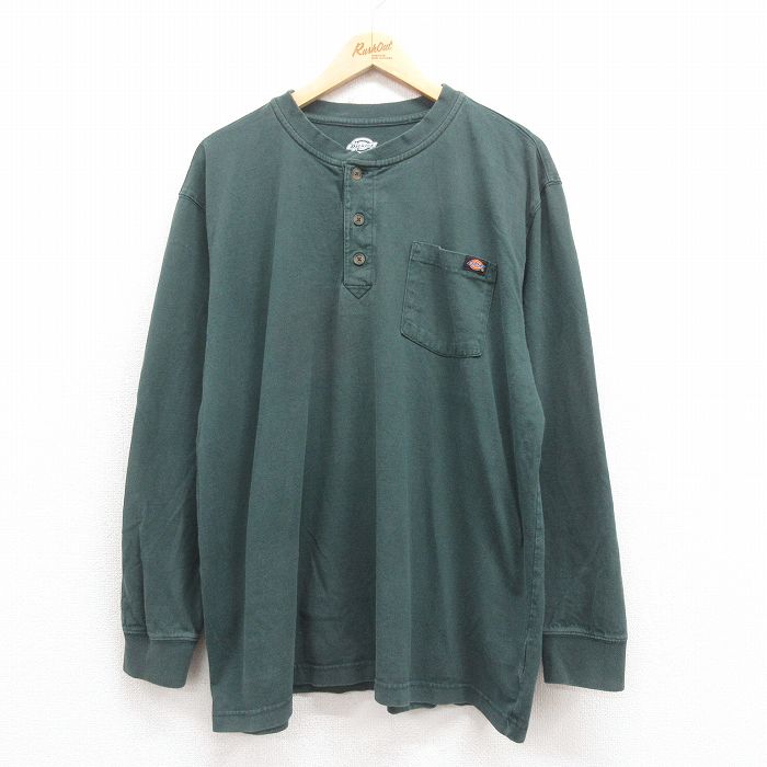 XL★古着 ディッキーズ Dickies 長袖 Tシャツ メンズ 無地 胸ポケット付き 大きいサイズ ヘンリーネック 緑 グリーン 25aug12 中古