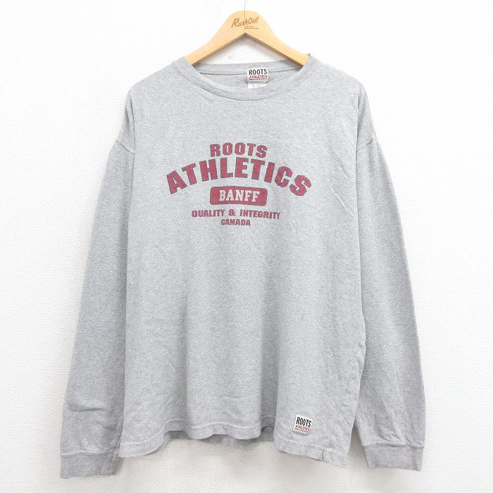 XL★古着 ROOTS 長袖 ビンテージ Tシャツ メンズ 00年代 00s ビッグロゴ 大きいサイズ クルーネック カナダ製 グレー 霜降り 【spe】 25aug12 中古