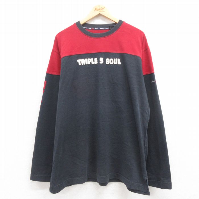 【50%OFF】XL★古着 TRIPLE FIVE SOUL 長袖 Tシャツ メンズ ビッグロゴ 大きいサイズ ツートンカラー クルーネック グレー 25aug13 中古