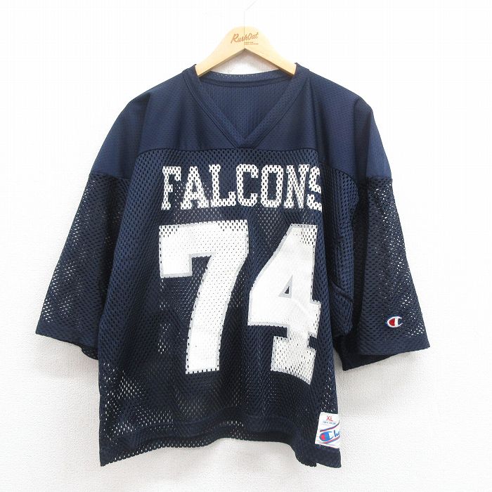 XL★古着 チャンピオン champion 半袖 ビンテージ フットボール Tシャツ メンズ 90年代 90s ファルコンズ 大きいサイズ メッシュ地 Vネック USA製 紺 ネイビー ユニフォーム ゲームシャツ 25aug13 中古
