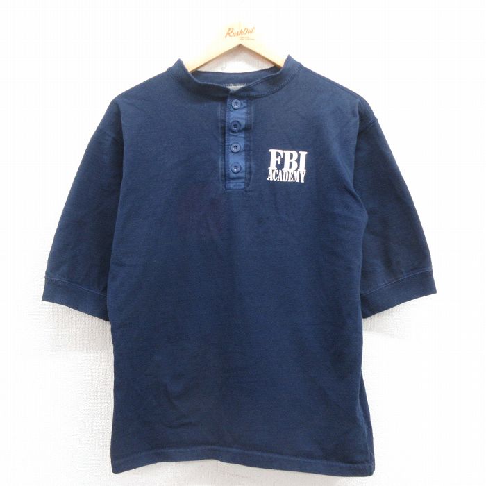 L★古着 半袖 ビンテージ Tシャツ メンズ 90年代 90s FBI ヘンリーネック USA製 紺 ネイビー 25aug13 中古