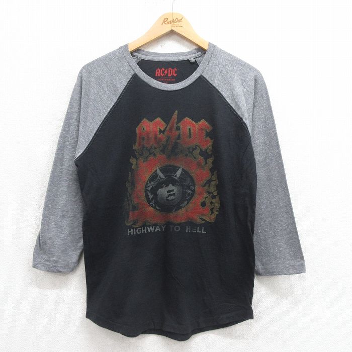 M★古着 ラッキーブランド Lucky Brand 7分袖 ロック バンド Tシャツ メンズ AC/DC ツートンカラー クルーネック 黒他 ブラック 25aug18 中古 7分丈 七分丈 七分袖