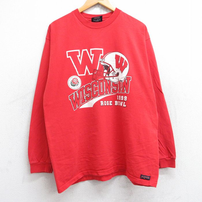 【50%OFF】XL★古着 ジャンスポーツ 長袖 ビンテージ Tシャツ メンズ 90年代 90s ウィスコンシンバッジャーズ フットボール ローズボウル コットン クルーネック USA製 赤 レッド 25aug18 中古