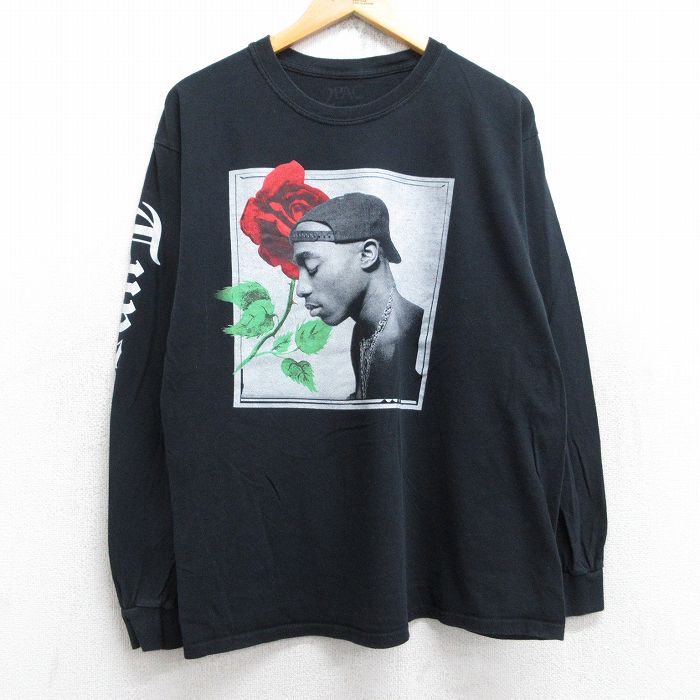L★古着 長袖 ヒップホップ ラップ Tシャツ メンズ トゥパック 2パック コットン クルーネック 黒 ブラック 25aug18 中古