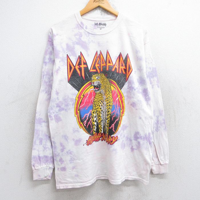 L★古着 長袖 ロック バンド Tシャツ メンズ デフレパード コットン クルーネック 紫他 パープル タイダイ 25aug18 中古