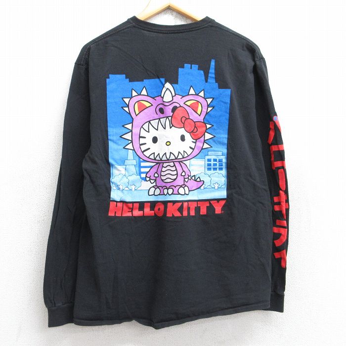 L★古着 長袖 Tシャツ メンズ ハローキティ コットン クルーネック 黒 ブラック 25aug18 中古