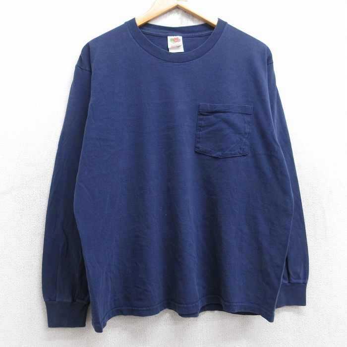 L★古着 フルーツオブザルーム 長袖 ビンテージ Tシャツ メンズ 00年代 00s 無地 胸ポケット付き コットン クルーネック 紺 ネイビー 25aug18 中古