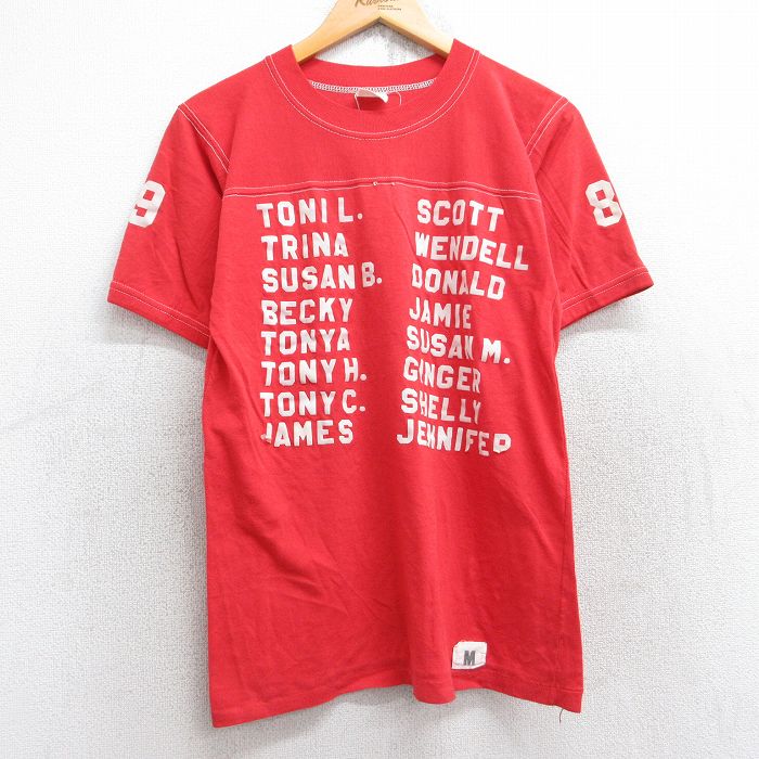 S★古着 半袖 ビンテージ フットボール Tシャツ メンズ 80年代 80s MRS HEAD フロッキープリント クルーネック 赤 レッド 25aug18 中古