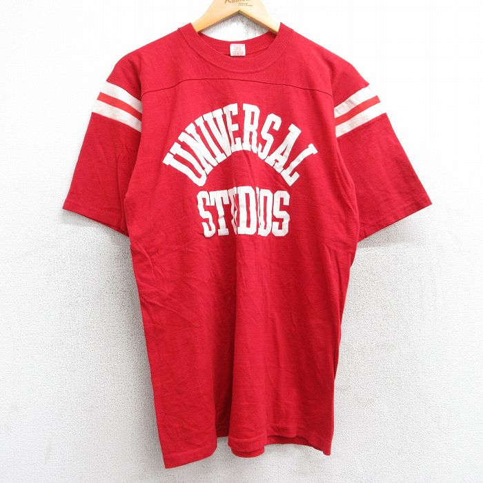 L★古着 半袖 ビンテージ フットボール Tシャツ メンズ 80年代 80s ユニバーサルスタジオ クルーネック USA製 赤 レッド 【spe】 25aug18 中古