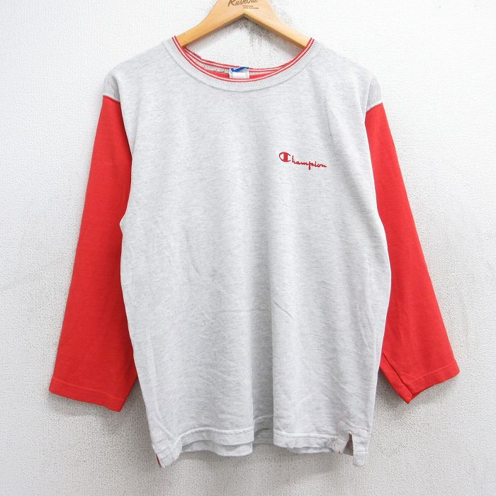 M★古着 チャンピオン champion 長袖 ビンテージ Tシャツ メンズ 90年代 90s ワンポイントロゴ ツートンカラー クルーネック USA製 グレー 霜降り他 25aug18 中古