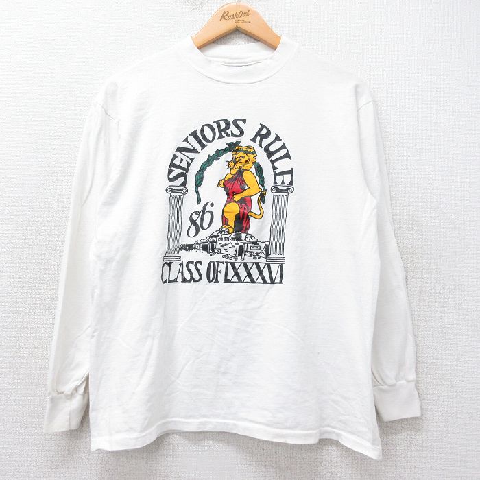 L★古着 ヘインズ Hanes 長袖 ビンテージ Tシャツ メンズ 80年代 80s SENIORS RULE コットン クルーネック USA製 白 ホワイト 25aug20 中古