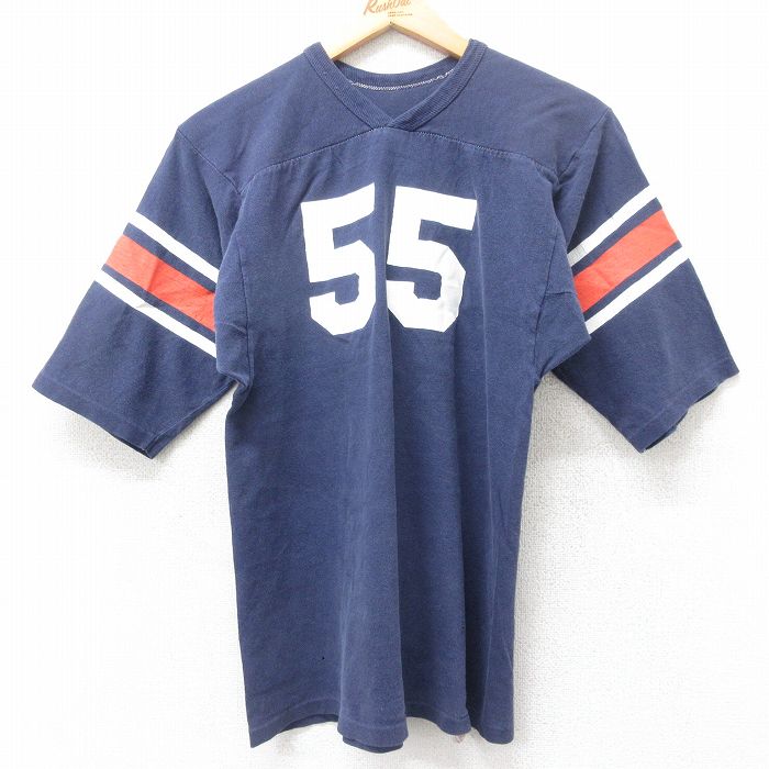 S★古着 ラッセル 半袖 ビンテージ フットボール Tシャツ メンズ 70年代 70s BRONDIE 55 コットン Vネック USA製 紺他 ネイビー 【spe】 25aug20 中古